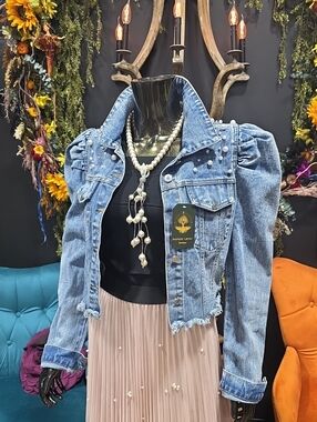 Denim Jean Jacket in Light Blue with Pearl Accents